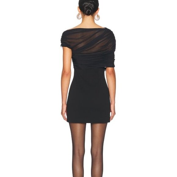 New SER.O.YA Selma Mini Crepe Dress in Black sheer mesh ruched off shoulder - Picture 2 of 9